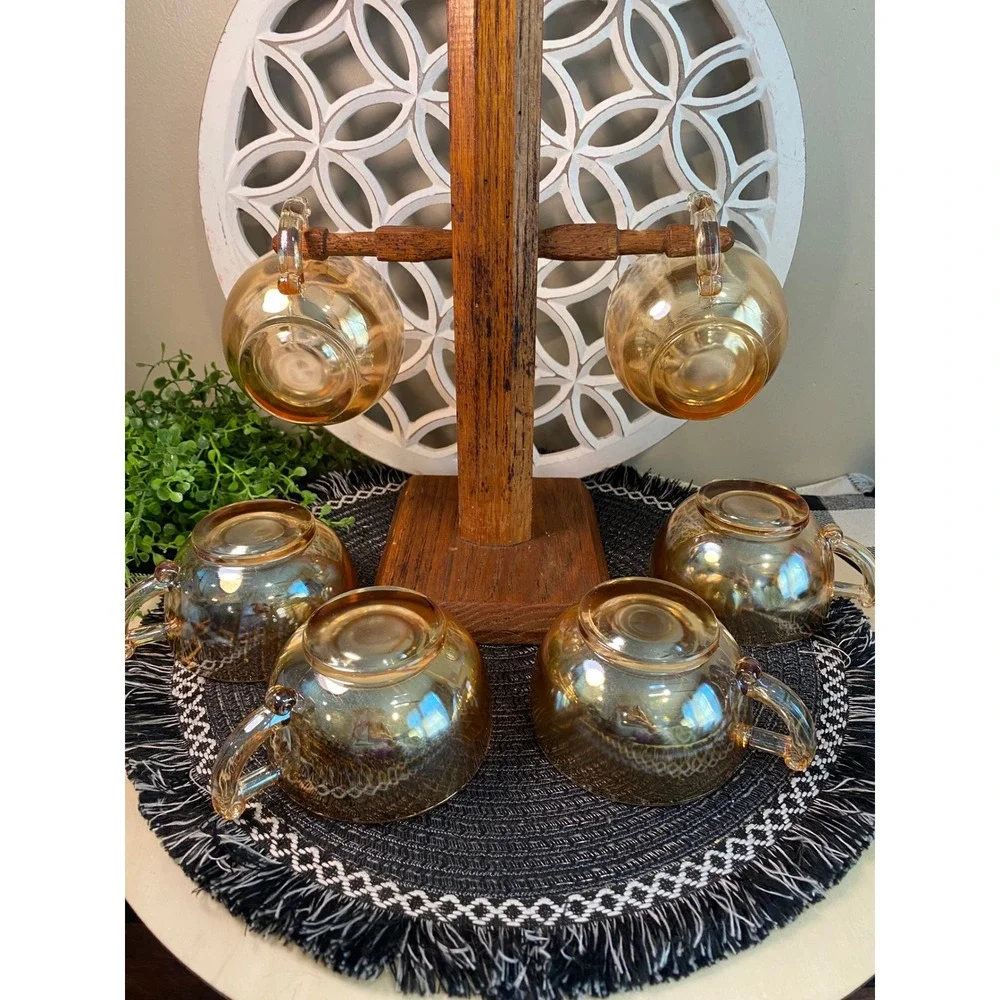 Vintage Fire-King Peach Lustre Tea‎ Cups Set of 6 Iridescent Copper Glass Mugs